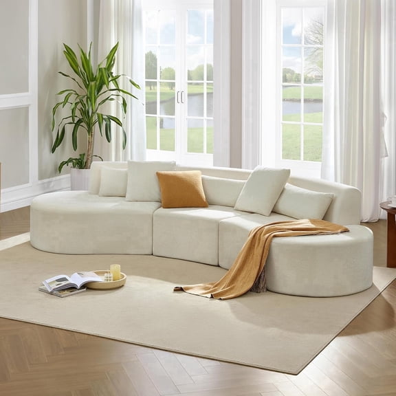 Curved Half Moon Cloud Sofa, 4 Seat Modern Modular Boneless Couch with 2 Throw Pillows, Compressed Sectional Sofa for Living Room Office Apartment, Cream White