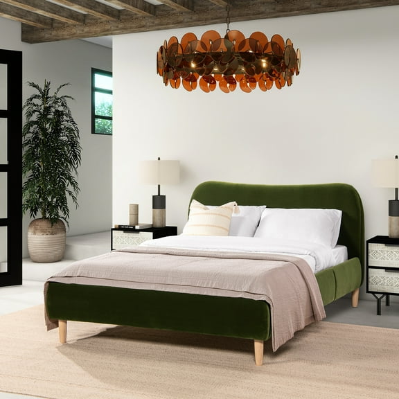 Curved Headboard Upholstered Platform Bed In Beautiful Olive Velvet, Queen Size With An Appealing Curve Velvet