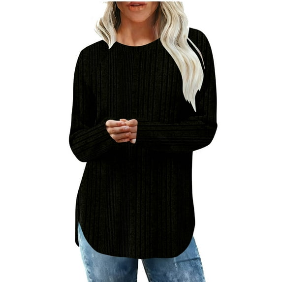 Curved Hem Tops for Women Ribbed Knit Round Neck Long Sleeve Pullover Tops Casual Side Split Tunics Loose Fit Business Shirts Basic Fashion Outfits Spring Fall Clothes 2026 Black S