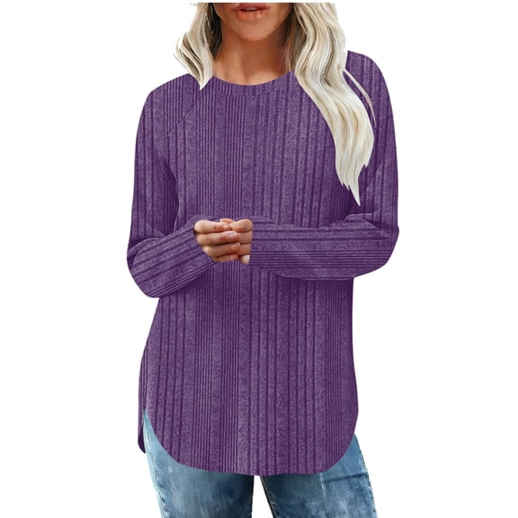 Curved Hem Tops for Women Ribbed Knit Round Neck Long Sleeve Pullover Tops Casual Side Split Tunics Loose Fit Business Shirts Basic Fashion Outfits Spring Fall Clothes 2026 Purple S