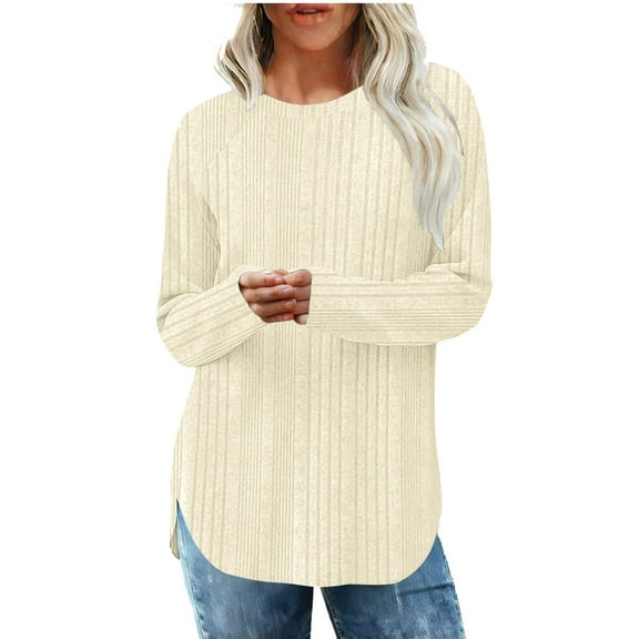 Curved Hem Tops for Women Ribbed Knit Round Neck Long Sleeve Pullover Tops Casual Side Split Tunics Loose Fit Business Shirts Basic Fashion Outfits Spring Fall Clothes 2026 Beige S
