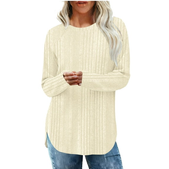Curved Hem Tops for Women Ribbed Knit Round Neck Long Sleeve Pullover Tops Casual Side Split Tunics Loose Fit Business Shirts Basic Fashion Outfits Spring Fall Clothes 2026 Beige M