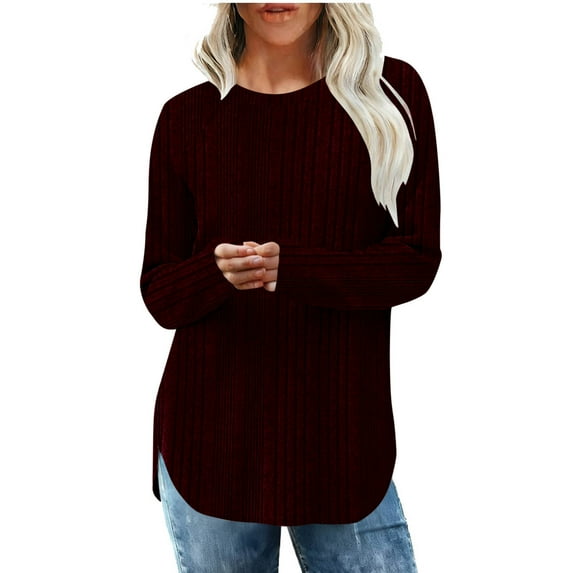 Curved Hem Tops for Women Ribbed Knit Round Neck Long Sleeve Pullover Tops Casual Side Split Tunics Loose Fit Business Shirts Basic Fashion Outfits Spring Fall Clothes 2026 Red XL