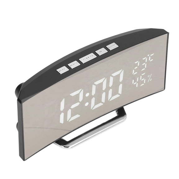 Curved LED Digital Alarm Clock Mirror Surface Desktop Electronic Clock with Temperature Humidity Display Snooze Function White Light 6.7 Inches / 17.0 cm