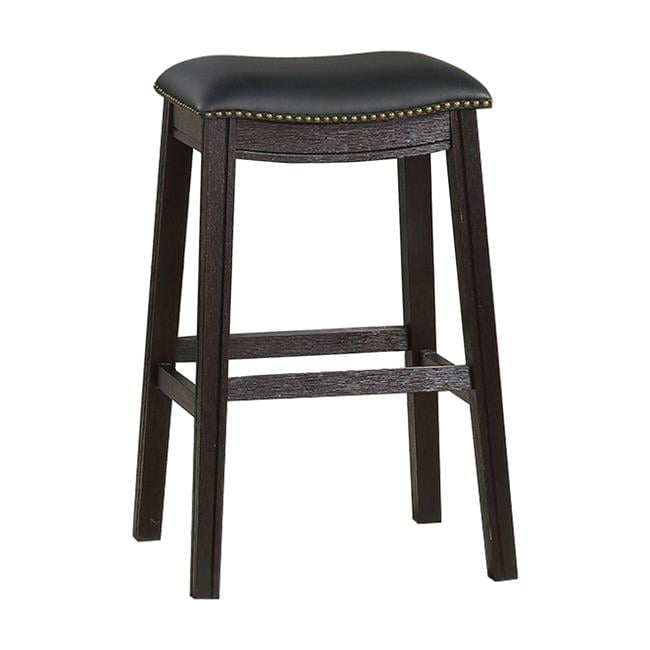 Adjustable Saddle Style Swivel Bar Stool in Black Leather and Wood