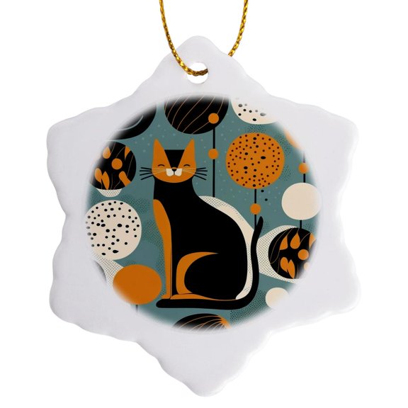 3drose, Curved Lines and Cats Converge in Modern Harmony, 3 inch Snowflake Porcelain Ornament