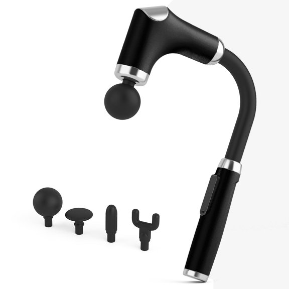 Curved Long-Handle Massage Gun; Portable Percussion Back Massager for Muscle/Neck/Body Pain Relief with Long Extension Metal Handle; 4 Interchangeable Heads