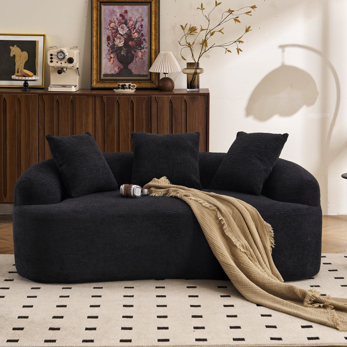 Curved Loveseat - 30D Chenille Sofa with Full Compression Sponge, 65"L 300 lbs Capacity, 3 Pillows No Assembly for Small Spaces & Apartments,Black
