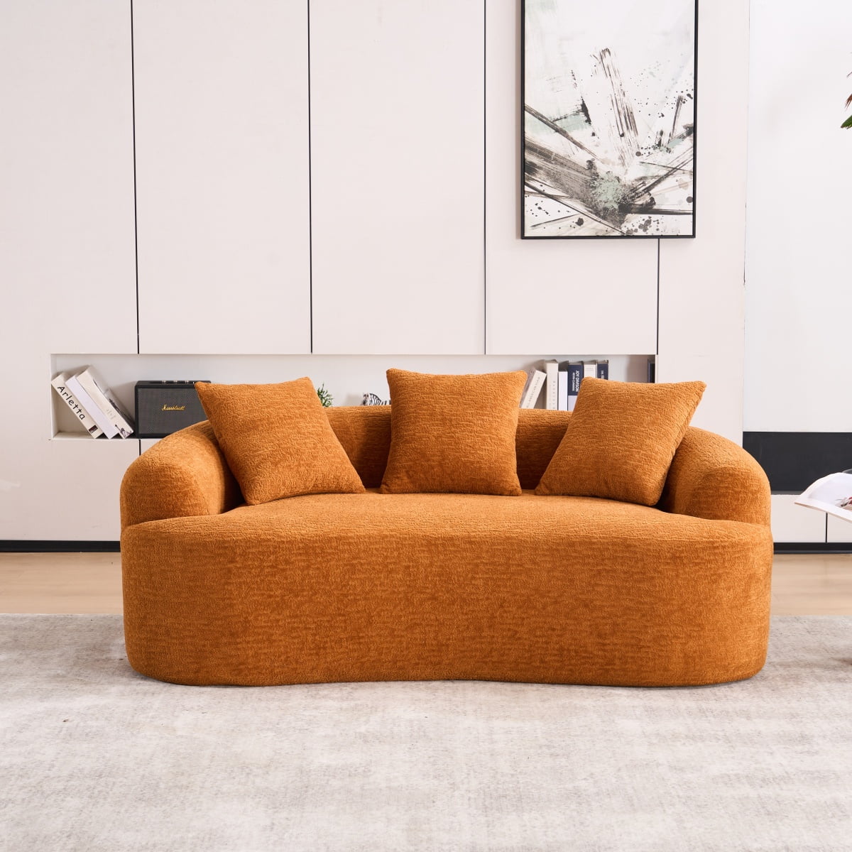 Curved Loveseat - 30D Chenille Sofa with Full Compression Sponge, 65"L 300 lbs Capacity, 3 Pillows No Assembly for Small Spaces & Apartments,Orange