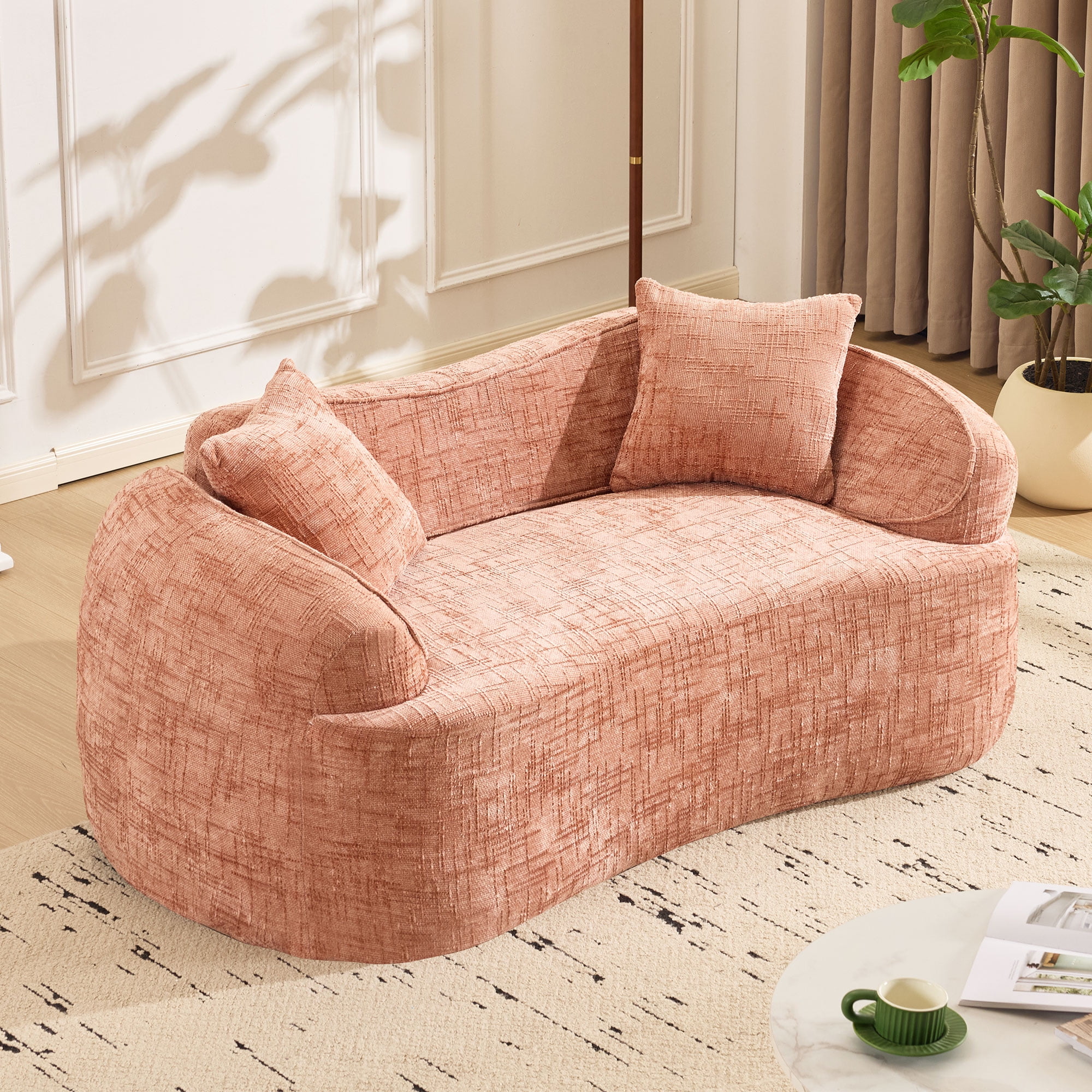 Curved Loveseat, Pink Compress Chenille Sofa with Two Pillows and Armrests, Foam Spring 2-Seater for Small Apartment Living Room or Bedroom, 67-Inch