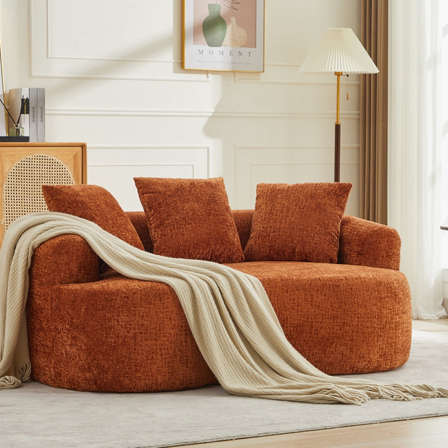Curved Loveseat Sofa Chenille Upholstered Deep Seat 2 Seater Couch with 3 Pillows No Assembly Required for Apartment Living Room Bedroom, Orange