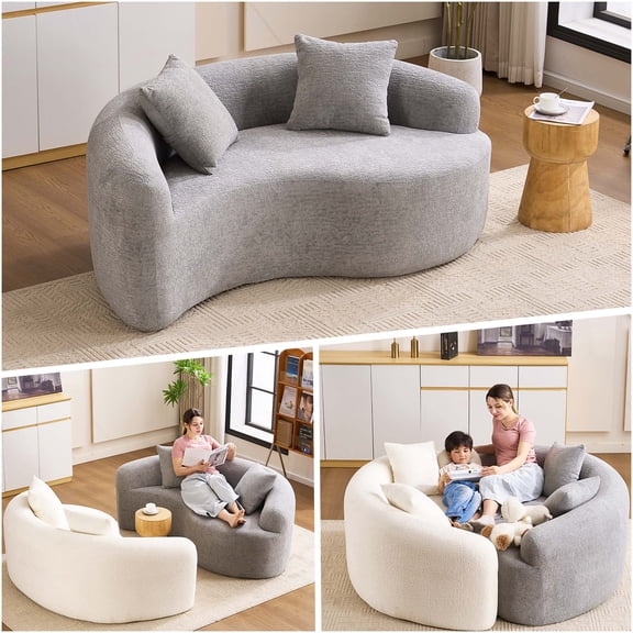 Curved Loveseat Sofa for Small Spaces, Light Gray Chenille Fabric, No-Assembly Modular Design for Apartments