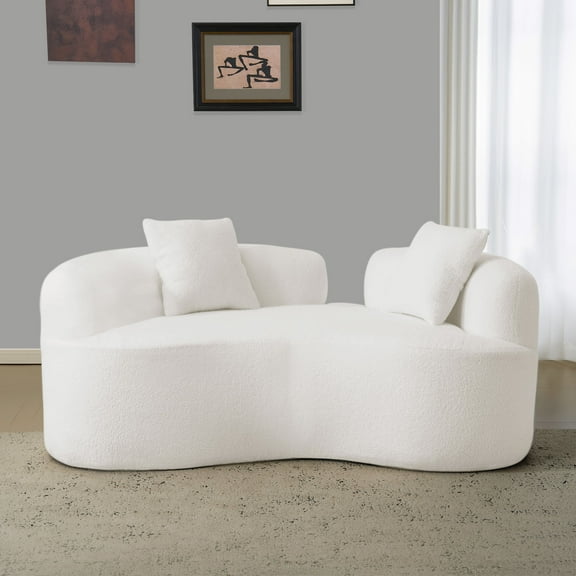 Curved Loveseat, White Full Compression Sponge Sofa with Teddy Velvet Fabric and No Assembly, 67-Inch Compact 350-lb Capacity Couch for Small Spaces and Apartments