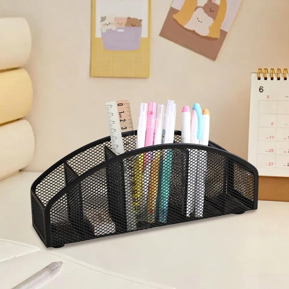 Curved Metal Mesh Desktop Storage Box - 5 Division Semicircle Pen Organizer, Non-Slip Desk Caddy, Multi-Section Stationery Holder for Office Home