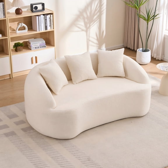 Curved Modern Boneless Sofa Loveseat, Backrest Upgrade, 2-Seater Off-White Chenille Compression Couch with 3 Pillows, Minimalist Modular Couches for Living Room, Office, Apartment, Guest Room