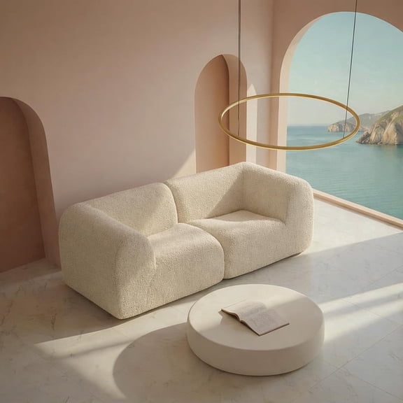 Curved Modular Sectional Loveseat Sofa with Chaise, 76.38" Deep Seat Cloud Couch, No Assembly Teddy Sherpa Boucle Sofa for Living Room, White