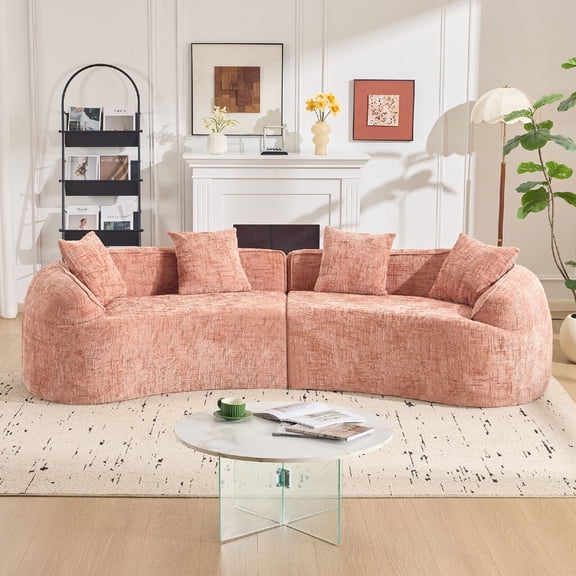 Curved Modular Sectional Sofa, 4-Seater Modern Chenille Minimalist Compressed Foam Cloud Sofa Couch, Creative Nordic-style Design Compressed Sofa for Living Room, Apartment, Pink