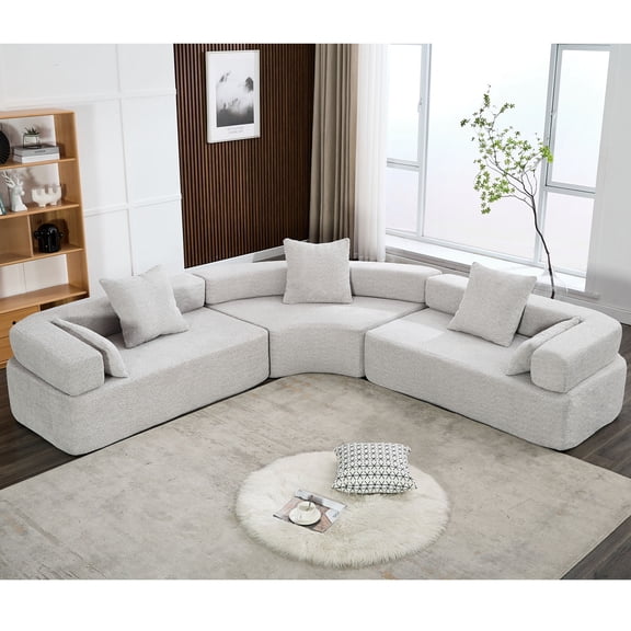 Curved Modular Sofa, Boucle Fabric and Customizable Arrangement / Serves Well for Entertaining