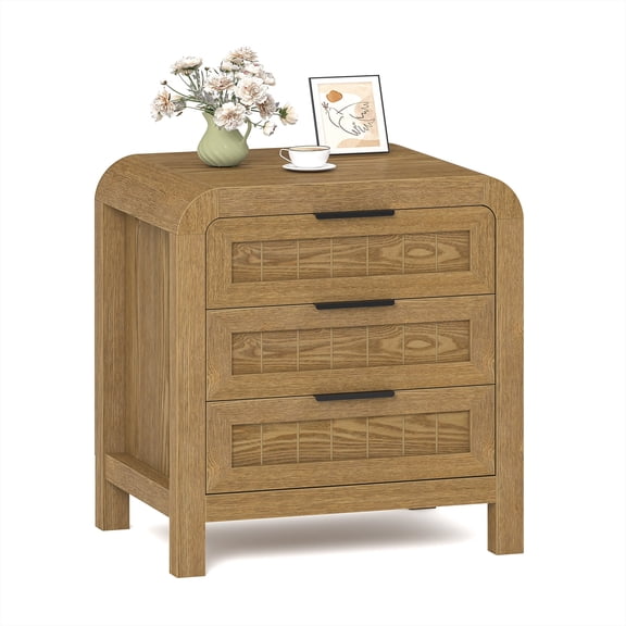 Curved NightStand with 3 Drawer, 21" Solid Wood Nightstand with Curved Surface, Bedside End Table for Living Room, Bedroom, Hallway (1, Teak, 3 Drawer)