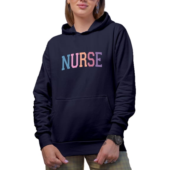 Curved Nurse Word, Nurses Week Merch Gift, Navy Blue Hooded Sweatshirt or Hoodie, XL