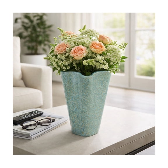 Curved Oval Vase for Living Room Decor - Earthenware Flower Table Vase for Home, Bedroom and House Display Use - Speckled Office Table Accent with Textured Surface Detail, Room Decor - 13", Green