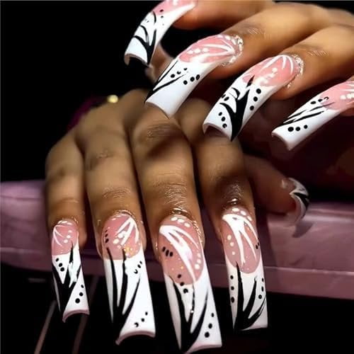 Curved Press Nails Extra Long Square Nails Black White Tips False Nails with Designs Full Cover Glue Nails 20 count
