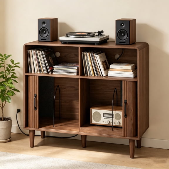 Curved Record Player Stand with Vinyl Storage Cabinet and Charging Station, Turntable Stand Table with 2 Sliding Doors, Walnut