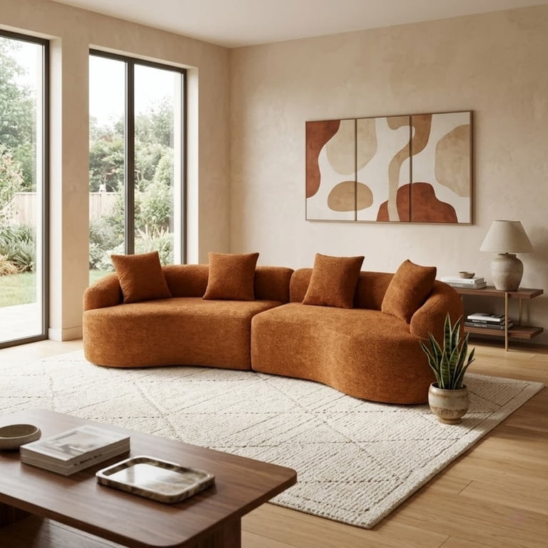 Curved Sectional Sofa with 4 Throw Pillows, Modern Luxury Chenille 4-Seater Cloud Couch with Deep Seat for Living Room, No Assembly Needed