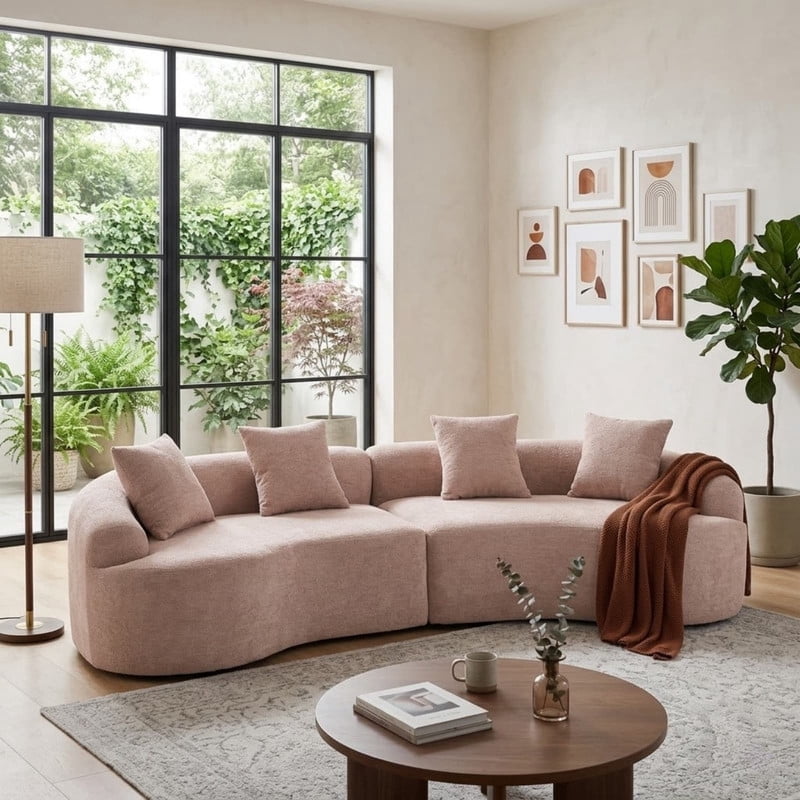 Curved Sectional Sofa with 4 Throw Pillows, Modern Luxury Chenille 4-Seater Cloud Couch with Deep Seat for Living Room, No Assembly Needed