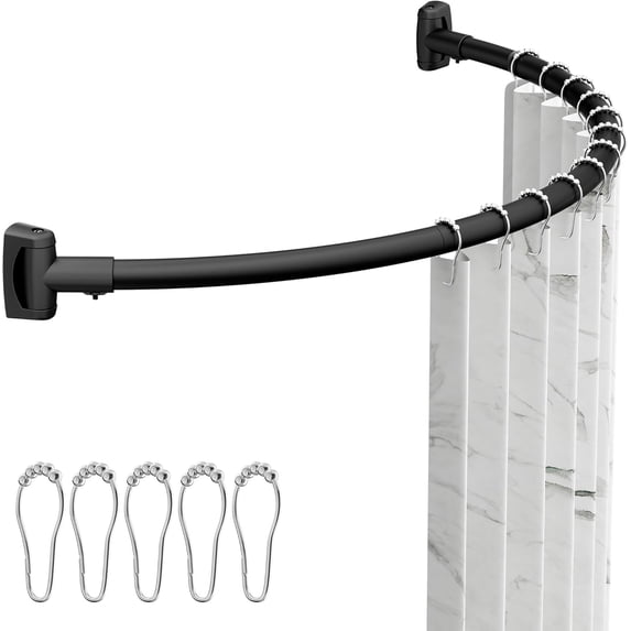 Curved Shower Curtain Rod with Shower Rings, Adjustable Round Bathroom Rod for Extra Space, Rustproof, Need to Drill, Matte Black, 35-77 Inches