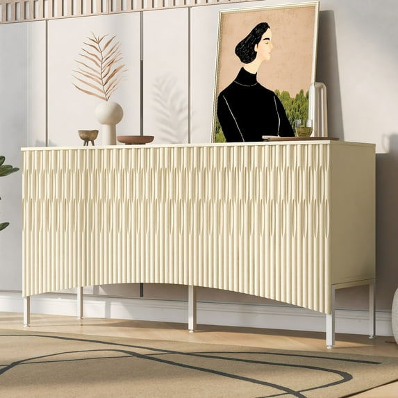 Curved Sideboard Console Table, Modern Wood and Metal Buffet Cabinet with Arch Detailing, Multi-Room Storage for Dining/Living Room Entryway, Easy Assembly, Beige