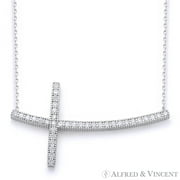 ALFRED & VINCENT Curved Sideways CZ Crystal Christian Cross & Chain Necklace in .925 Sterling Silver
