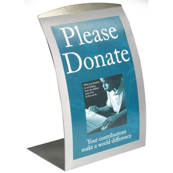 Curved Sign Frames for Tabletop Hold 11x17 Graphics, Magnetic Lens Keeps Signage in Place, Aluminum (Silver) - Set of 2