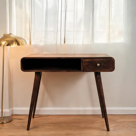 Curved Silhouette Writing Desk with Drawer Open Shelf, Warm Brown Solid Wood
