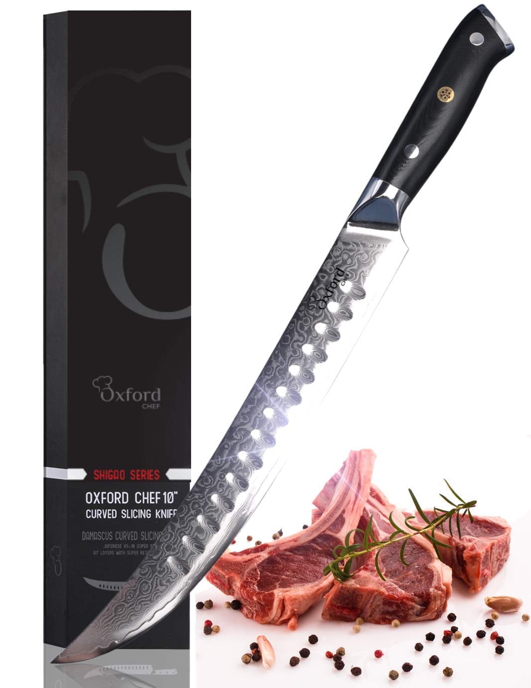 Curved Slicer (Butcher) Knife 10 Inch - Damascus Japanese VG10 Super Steel 67 Layer High Carbon Stainless Steel Oxford Chef