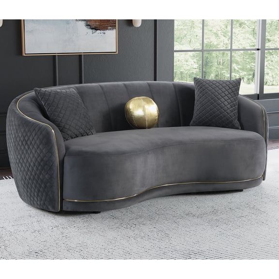 Curved Sofa, Dark Grey Upholstered 3-Seat Contemporary Couch with Diamond Tufting, Gold Trim, and Channel Stitching for Living Room, 91.5" W x 43" D x 32" H, with Matching Pillows