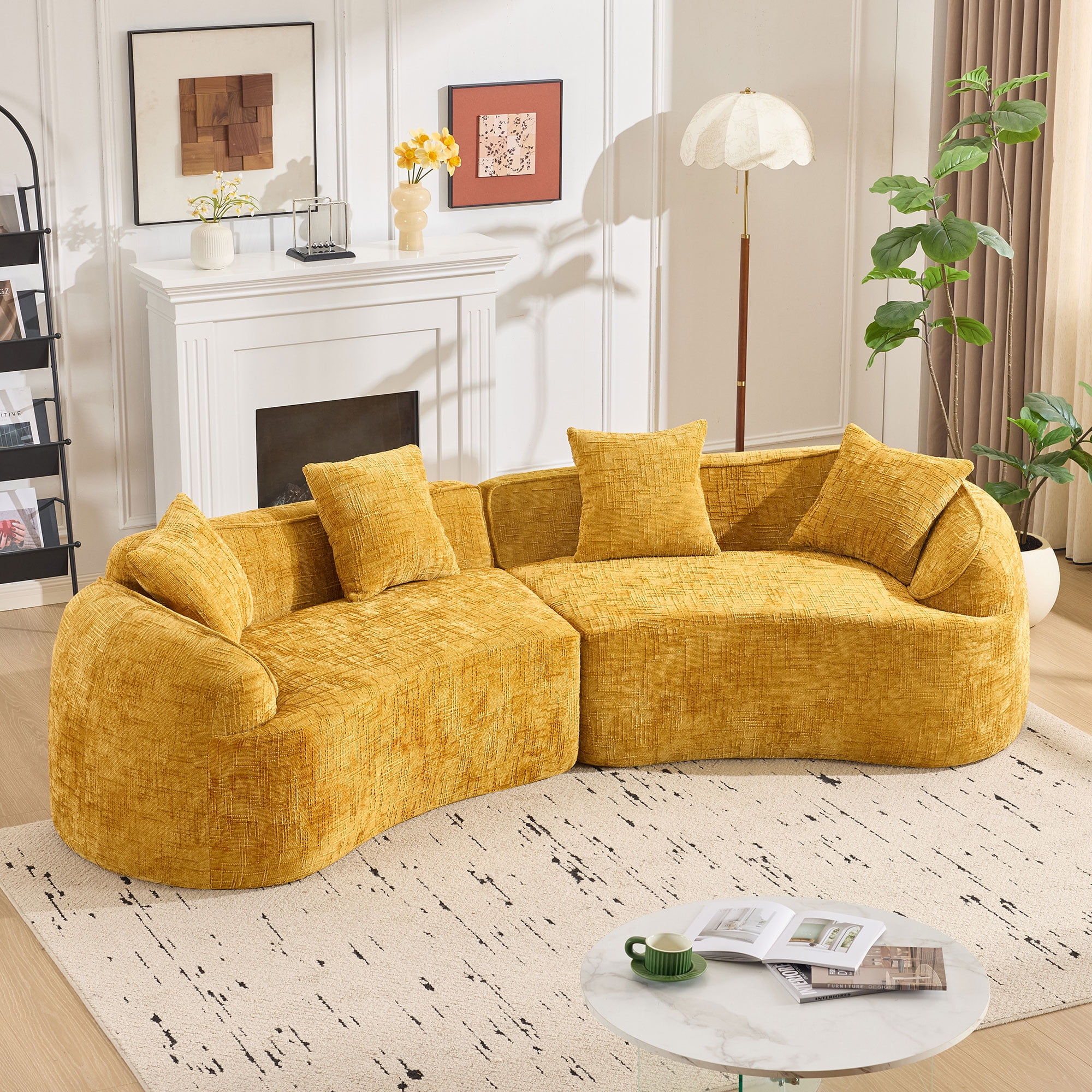Curved Sofa, Yellow Compressed Chenille Sectional with Soft Fabric and Foam Spring Support, Modern 109-Inch Multi-Seater for Apartment Living Room