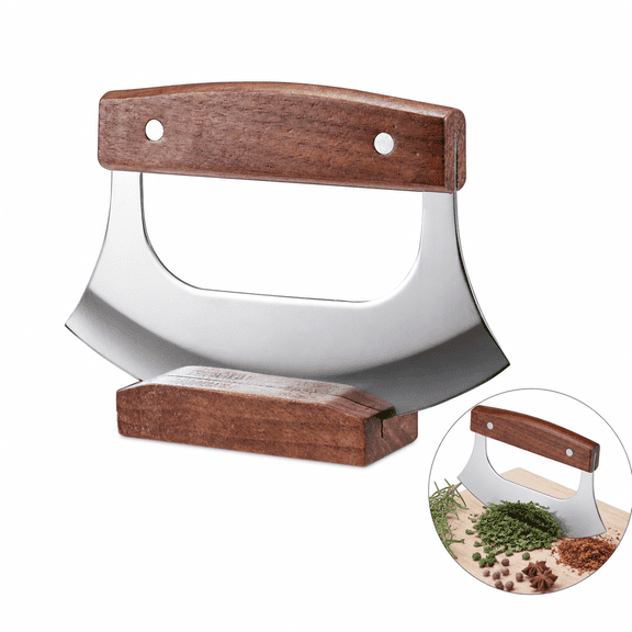 Curved Stainless Steel Herb Rocker Chopper, Dual Solid Walnut Wood Handle Herb Spice Mincing Rocker Cutter, One-Piece Sturdy Metal Mezzaluna Knife with Matching Wooden Storage Sheath, Multi-Purpose K