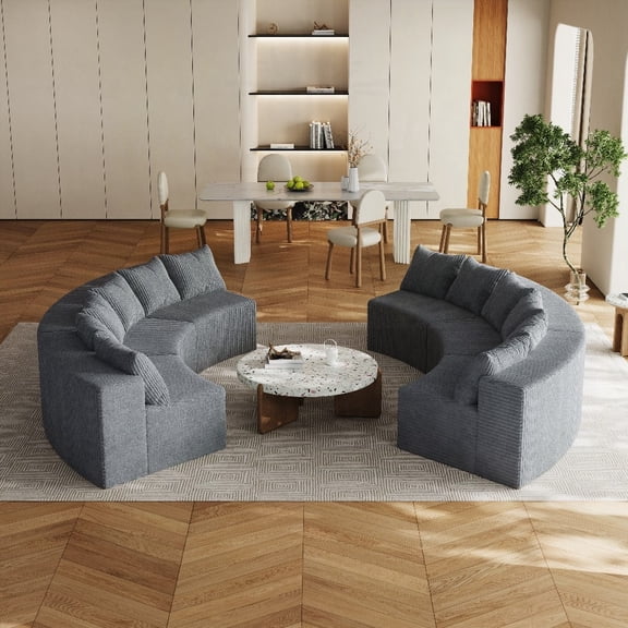 Modern Curved Corduroy Sectional Sofa with 12 Pillows (220×80×75cm) for Multi-Space Use