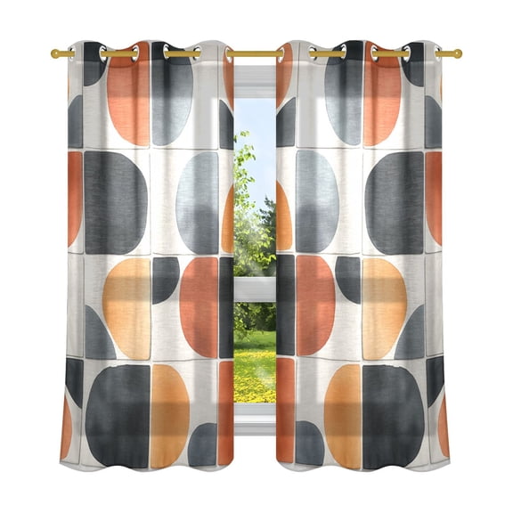 Curved Tile Patterns Semi Sheer Curtains for Living Room Bedroom Set of 2 Insulated Window Drapes