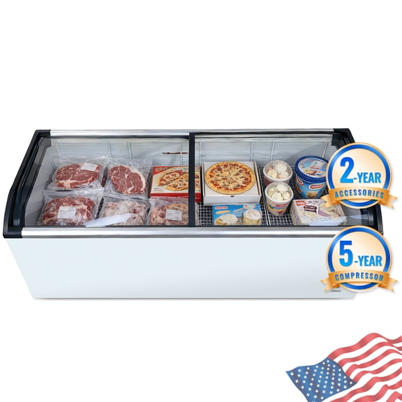 Curved Top Display Freezer, 19.3 Cu.Ft. Ice Cream Chest Freezer, Sliding Glass Lid, Mobile Commercial Unit, LED Lighting, 6 Removable Baskets, Anti-Fog Sliding Lid