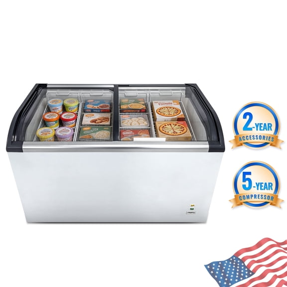 Curved Top Display Freezer, 9.8 Cu.Ft. Ice Cream Chest Freezer, Sliding Glass Lid, Mobile Commercial Unit, LED Lighting, 4 Removable Baskets, Anti-Fog Sliding Lid