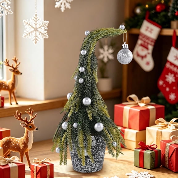 Curved Top Mini Tabletop Christmas Tree Frosted Plastic Fir, Small Xmas Decor with Chrome Baubles Plastic Metal Rod Frame, Compact Desk Shelf Counter Indoor Holiday Arrangement