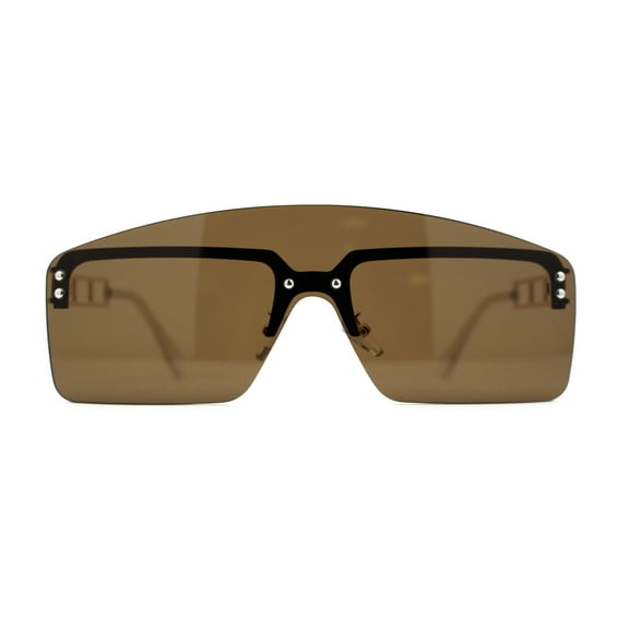 Curved Top Shield Half Rimless Rectangular Sunglasses Gold Brown
