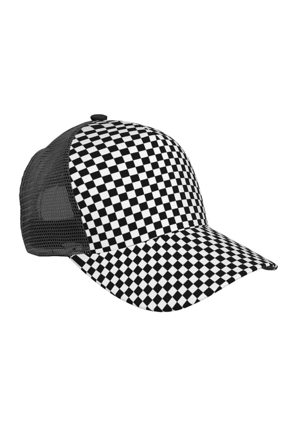 Curved Trucker Hat Black Checkered Adjustable Mesh Back Baseball Snapback Cap For Men