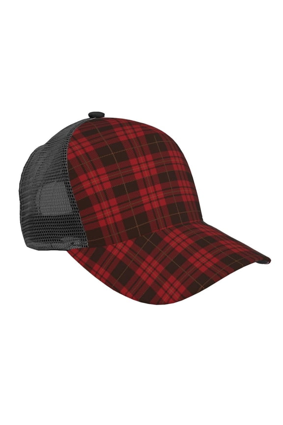 Curved Trucker Hat Black Red Tartan Adjustable Mesh Back Baseball Snapback Cap For Men