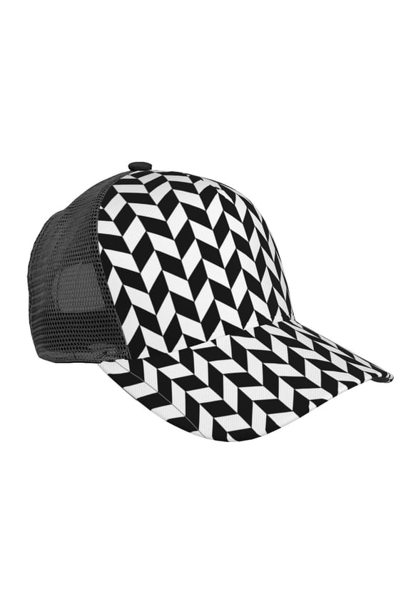 Curved Trucker Hat Black White Lattice Print Adjustable Mesh Back Baseball Snapback Cap For Men