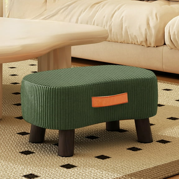 Curved Velvet Foot Stool with Handle 13.7", Green Modern Ottoman with Wooden Legs, Padded Seat Step Stool for Couch Living Room Bedroom, Easy Assembly Small Footrest Green