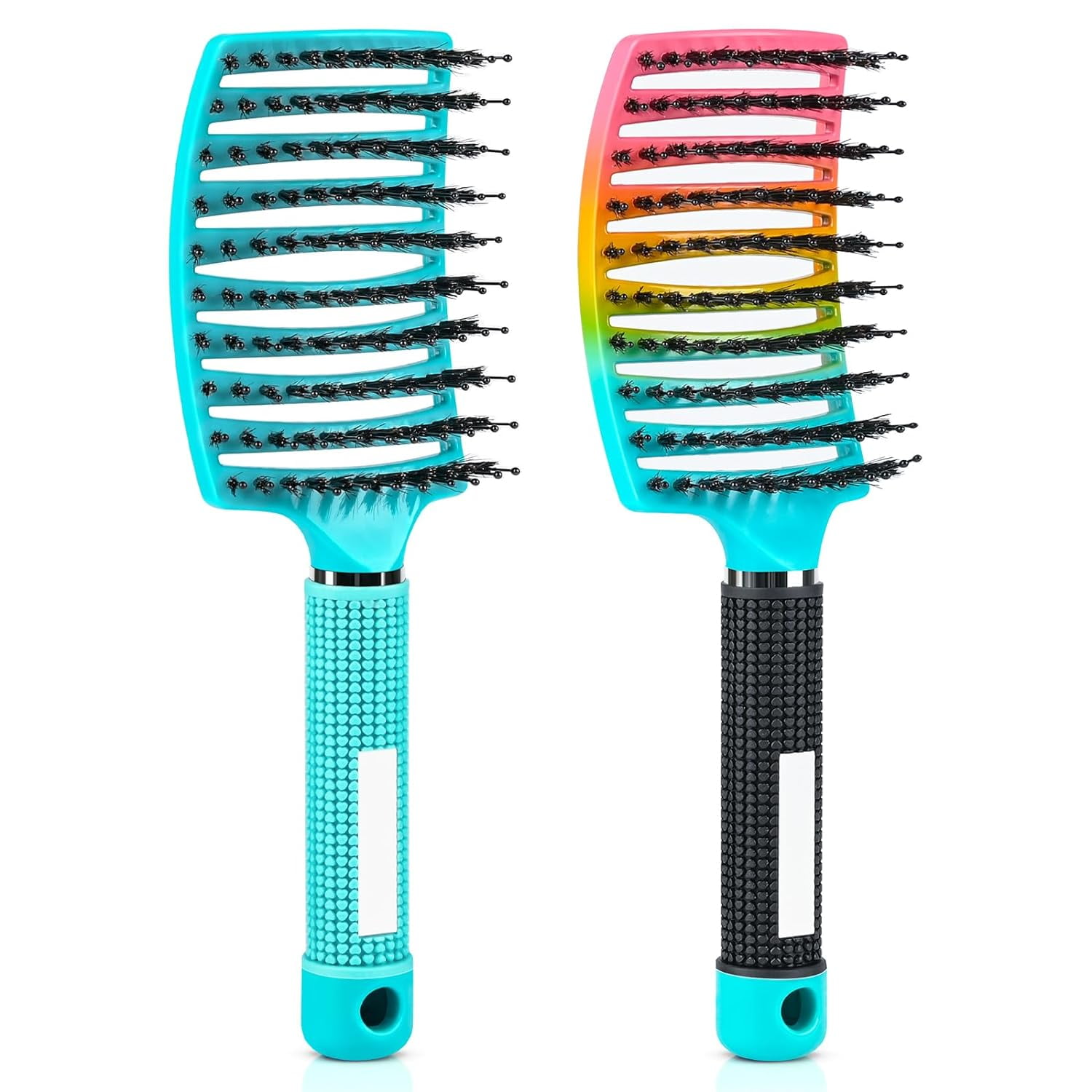 Curved Vented Brush for Wet & Dry Hair, Detangling Brush for Blow Drying, 2 Pack (Light Blue + Rainbow)