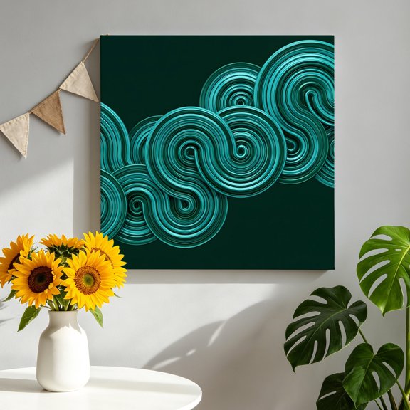 Curved Waves Canvas Wall Art, Vintage Abstract Green Spiraling Liquid Fluid Lines Framed Canvas Wall Decor Picture Print Artwork Decorations for Living Room Office Ready to Hang 8"x8"